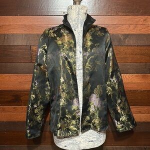 Vintage Resort Wear Open Front Long Sleeve Shiny Embroidered Black Floral Blazer